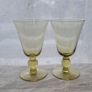 Vintage Yellow Glass Goblets Pair With Rounded Stemmed Base